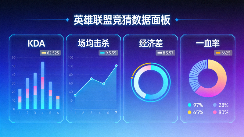 英雄联盟竞猜大厅数据维度配图，KDA场均击杀经济差一血率等指标可视化面板